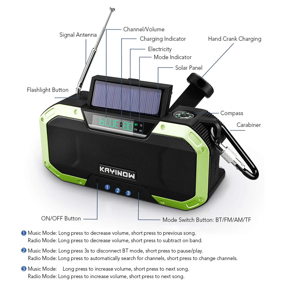 Portable Emergency Solar Hand Crank Radio 5000mAh Power Bank Cranker Flash Light Camping Radio