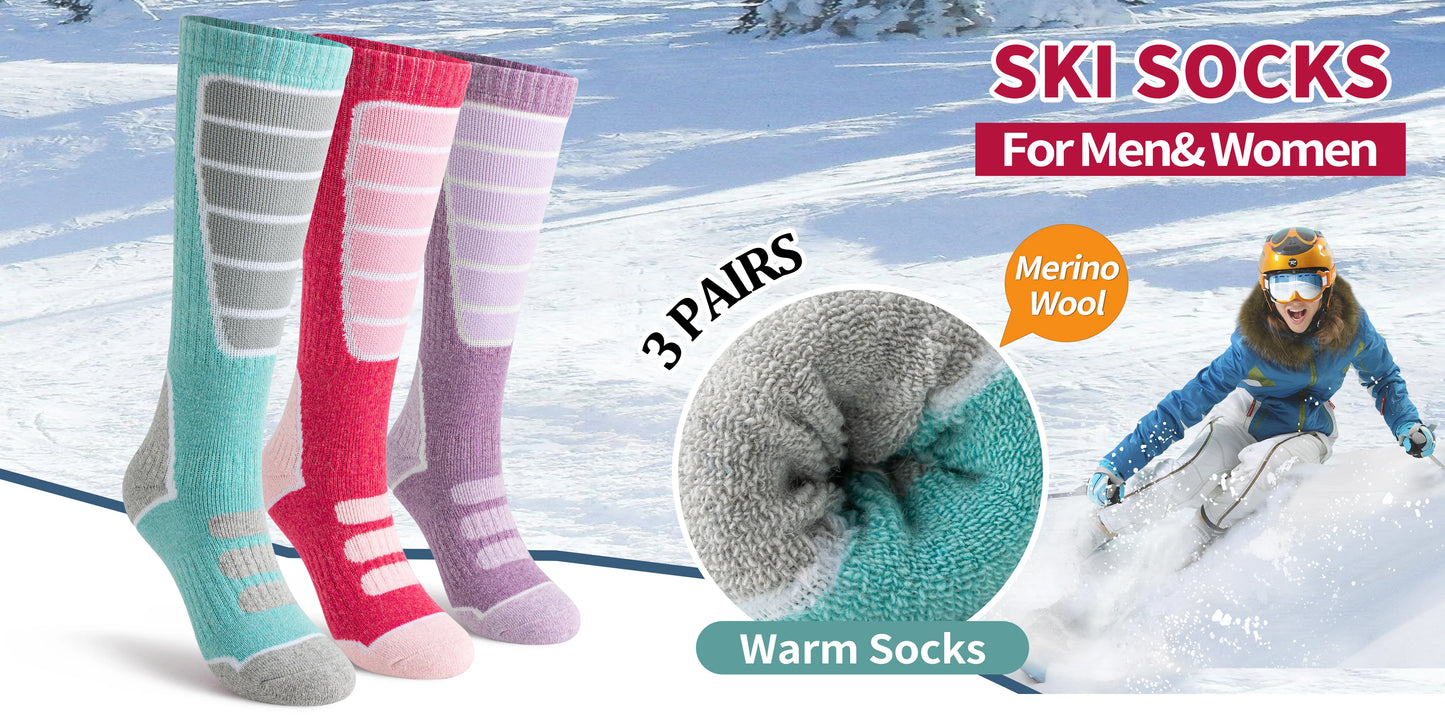 3 Pairs of Merino Wool Ski Socks for Women and Men, Warm Winter Knee High Socks,