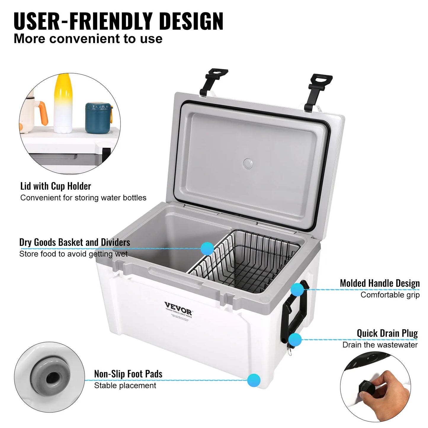 Insulated Portable Cooler, 52 qt, Holds 50 Cans, Ice Retention Hard Cooler