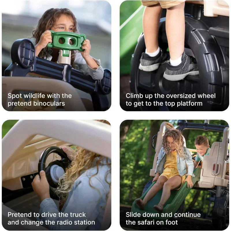 Safari Truck Climber Playset for Kids, Slide, Climbing Wall, Steering Wheel, and Binoculars,