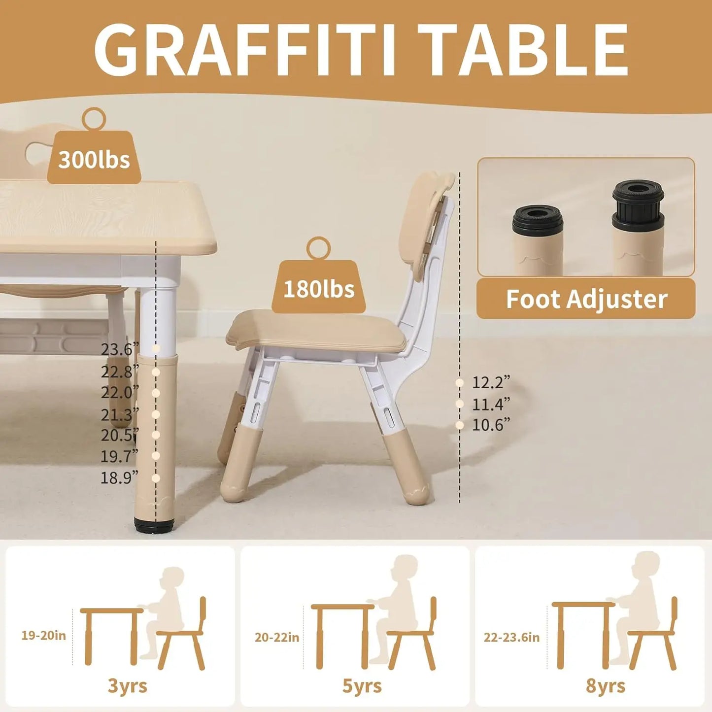 Kids Table and 4 Chairs Set with Graffiti Desktop, Height-Adjustable Kids Study Table for Boys and Girls Aged 3-8,Max 300lbs