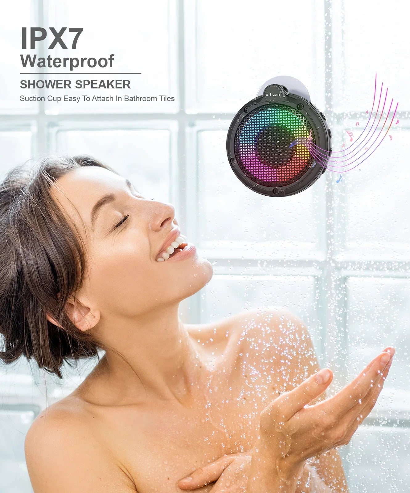 2024 Bluetooth Speaker with RGB Light, IPX7 Waterproof Portable Shower Speaker w/HD Sound