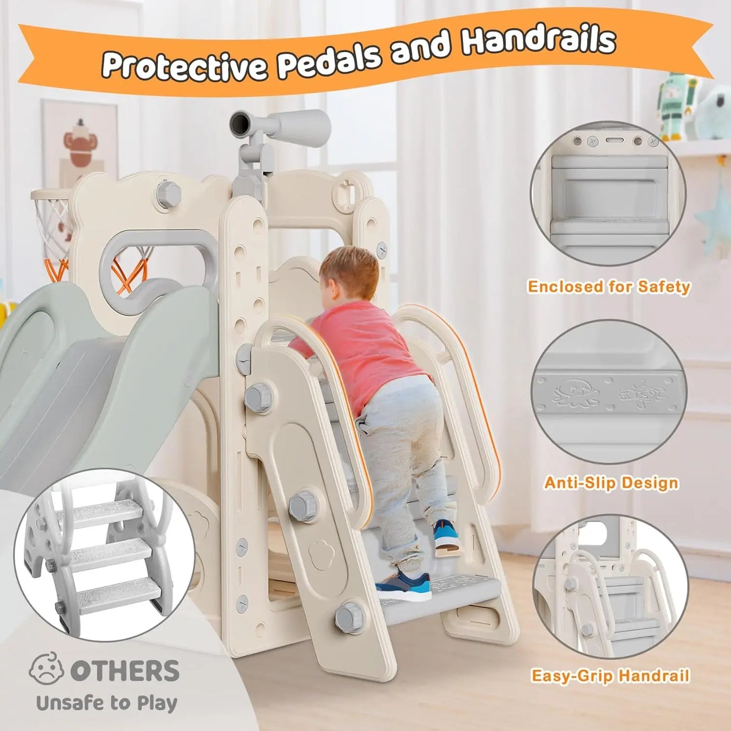 6 in 1 Kids Indoor Slide for Toddlers 1-3, Baby Slide Outdoor with Basketball Hoop and Telescope, L Sh