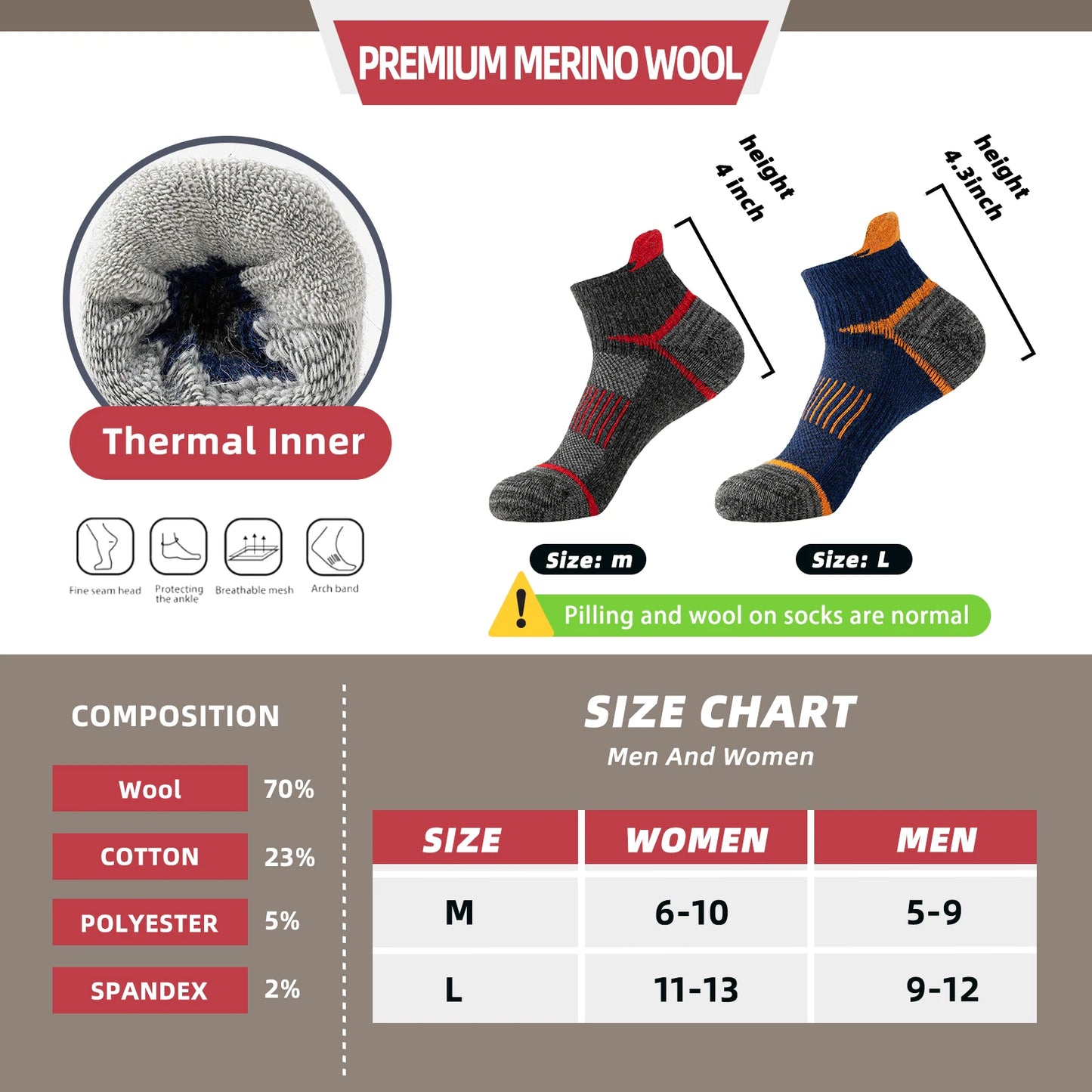 6 Pairs Men Women Merino Wool Ankle Hiking Running Socks