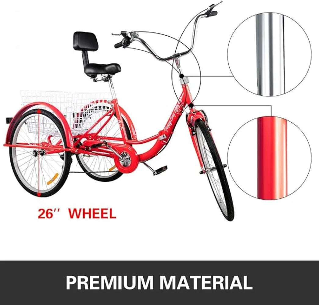Tricycle Adult 26’’ 3 Wheel Bikes for Adults Three Wheel Bike