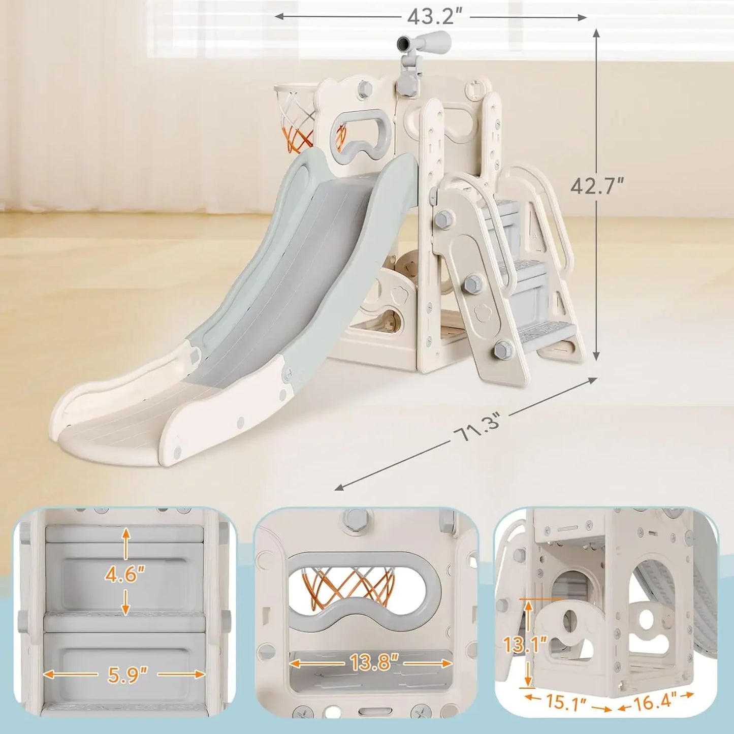 6 in 1 Kids Indoor Slide for Toddlers 1-3, Baby Slide Outdoor with Basketball Hoop and Telescope, L Sh