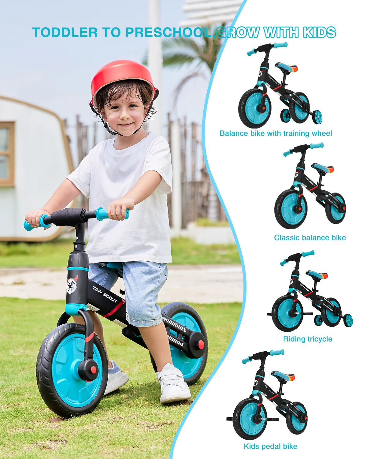 Tiny Scout Balance Bike 3 4 5 Years , 4-in-1 with Optional Support Wheels