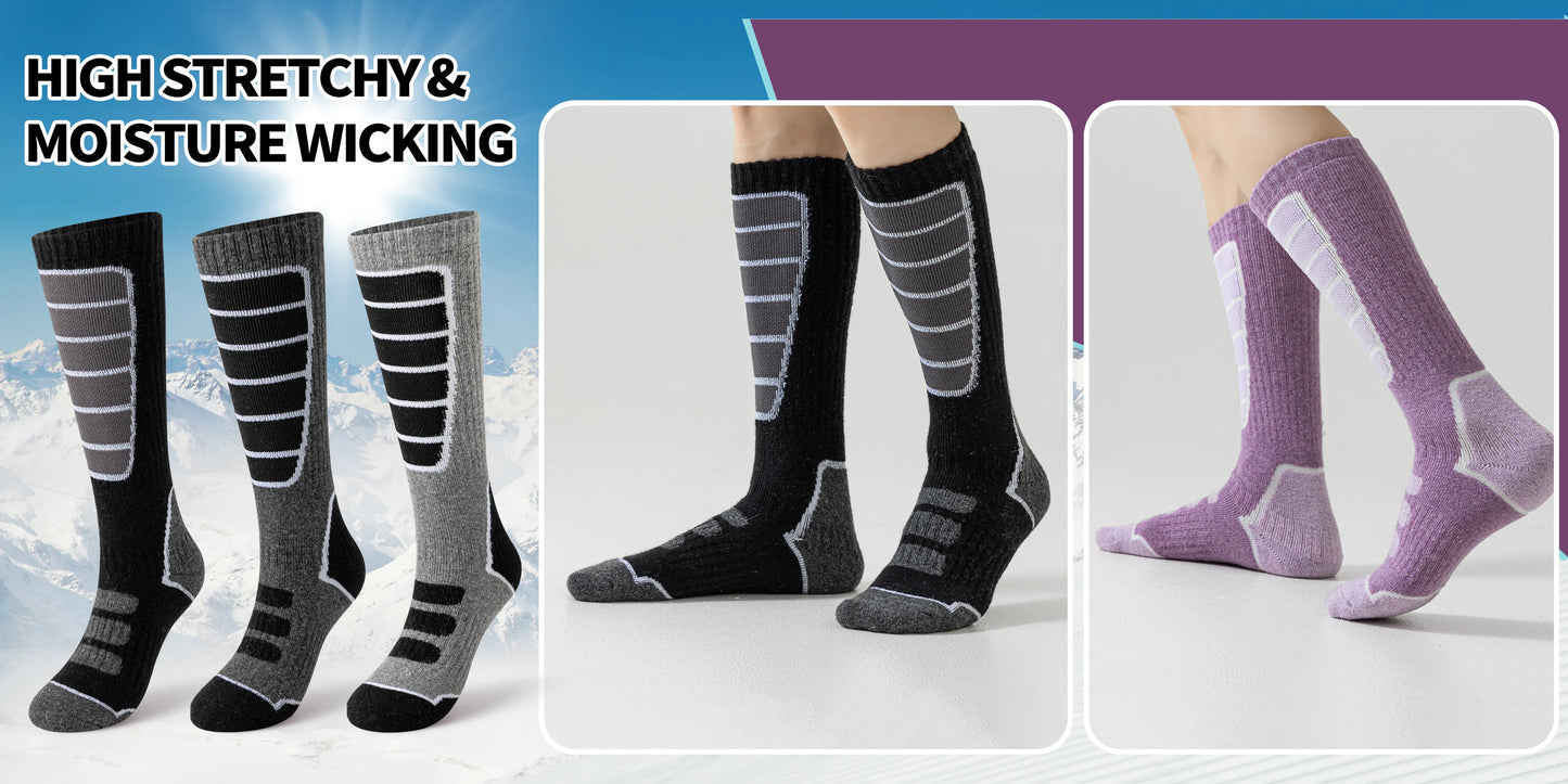 3 Pairs of Merino Wool Ski Socks for Women and Men, Warm Winter Knee High Socks,