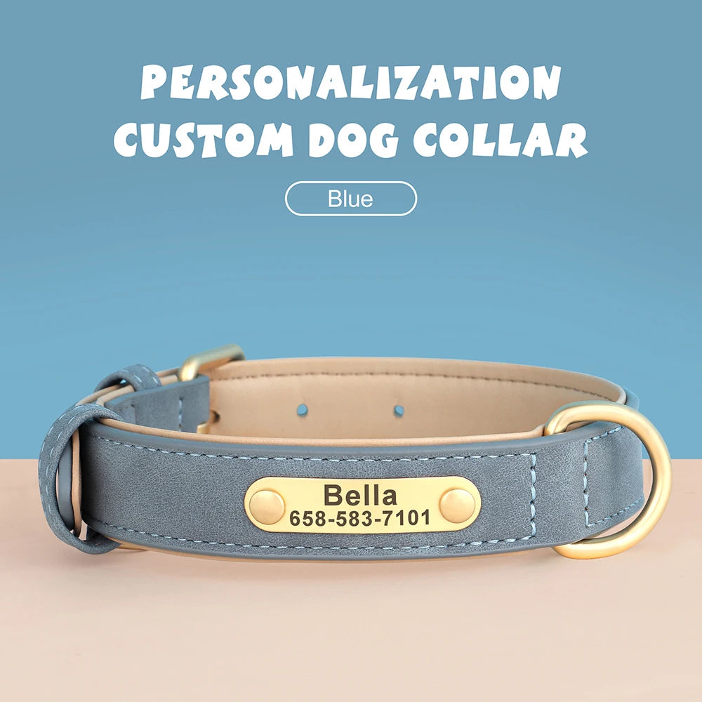 New Soft Padded Personalized PU Leather Dog Collar with Free Engraved ID