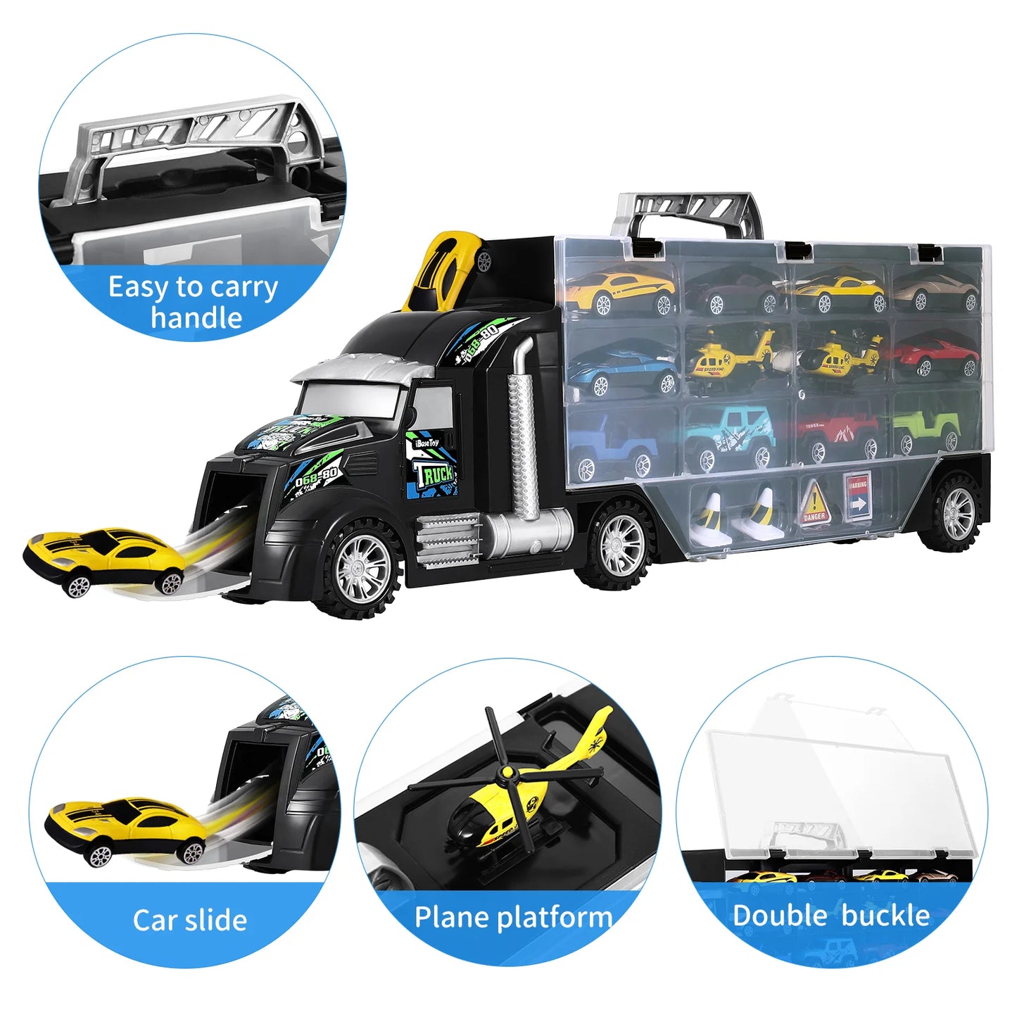 Toy For Kids iBaseToy Kids Carrier Truck Toy Set Small Vehicles Helicopters Transport Truck