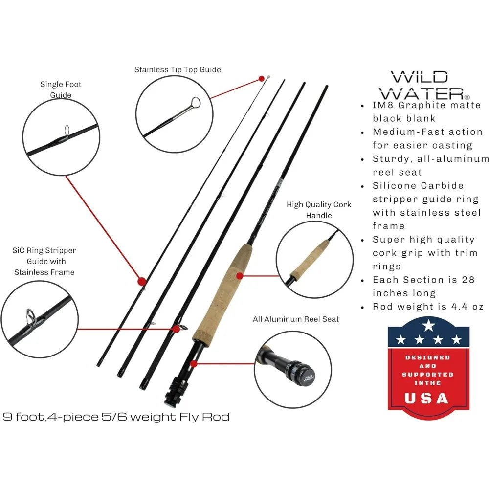 Deluxe Fly Fishing Combo Starter Kit, 5 or 6 Weight 9 Foot Fly Rod,