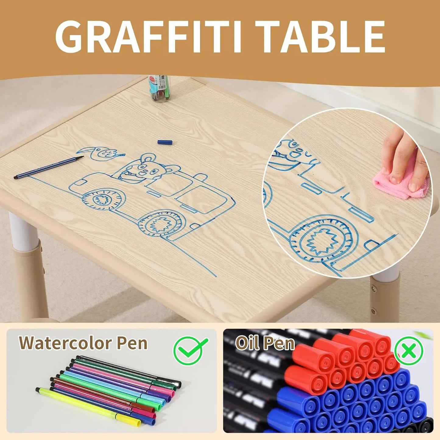 Kids Table and 4 Chairs Set with Graffiti Desktop, Height-Adjustable Kids Study Table for Boys and Girls Aged 3-8,Max 300lbs