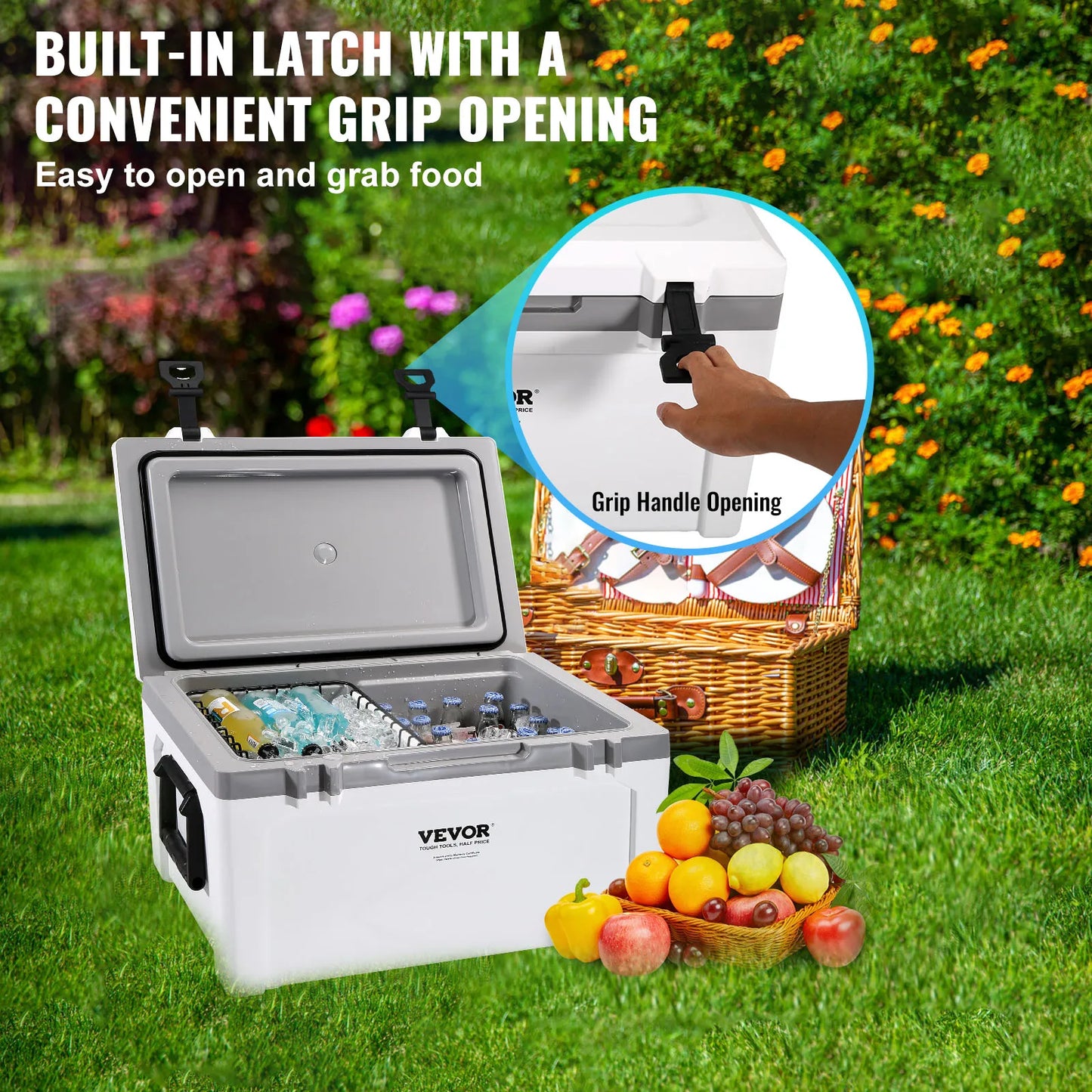 Insulated Portable Cooler, 52 qt, Holds 50 Cans, Ice Retention Hard Cooler