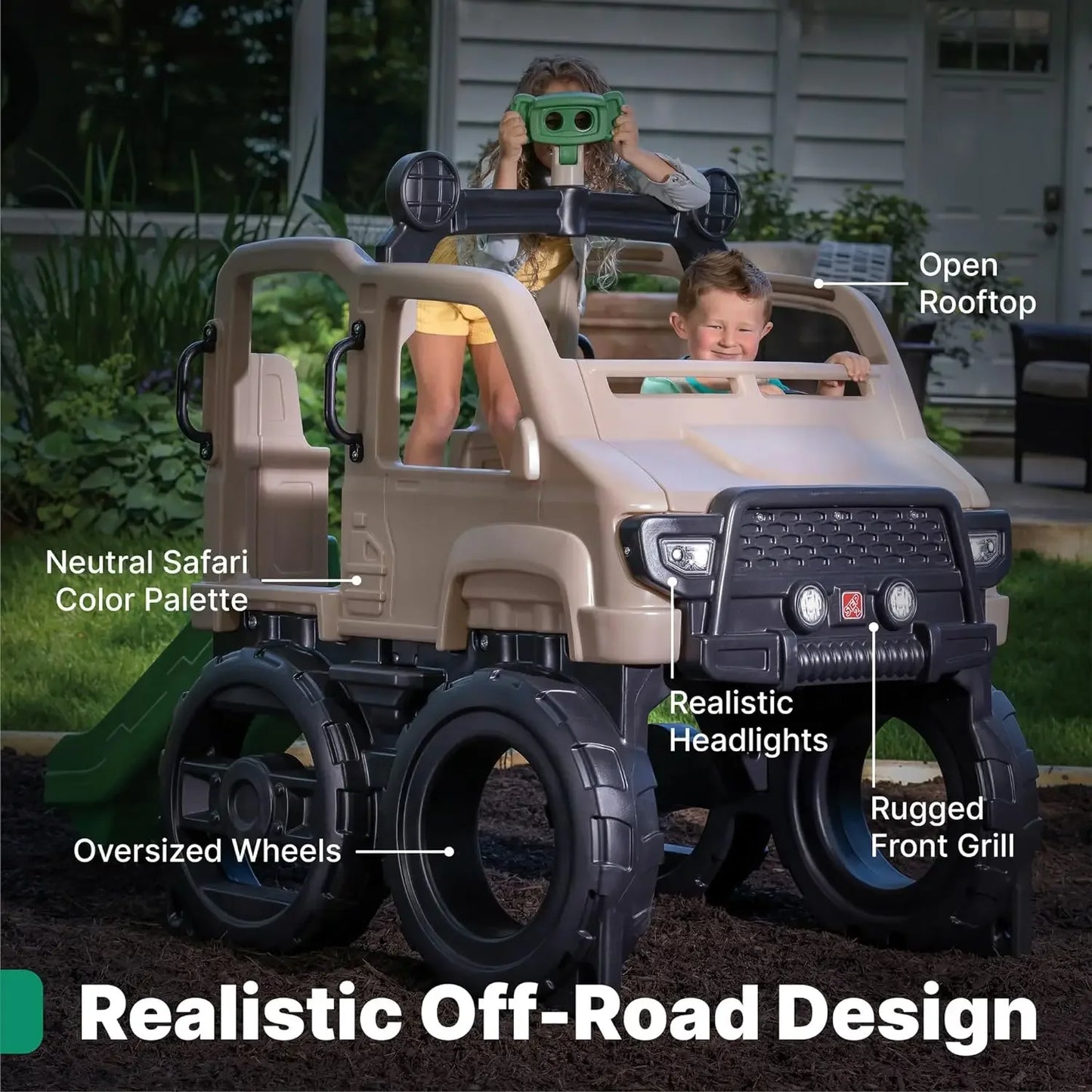 Safari Truck Climber Playset for Kids, Slide, Climbing Wall, Steering Wheel, and Binoculars,