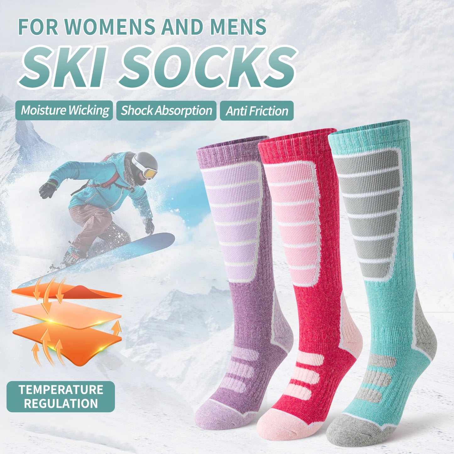 3 Pairs of Merino Wool Ski Socks for Women and Men, Warm Winter Knee High Socks,
