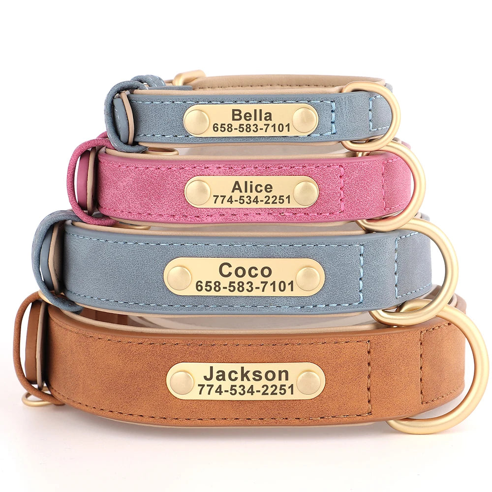 New Soft Padded Personalized PU Leather Dog Collar with Free Engraved ID