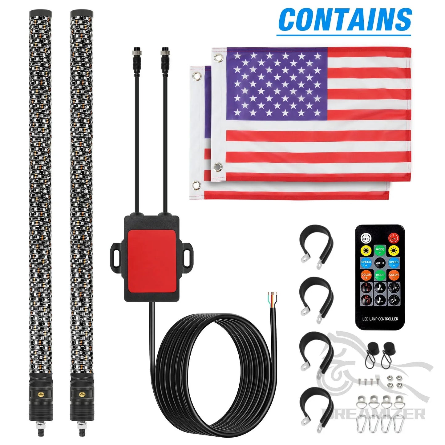 2PCS 3FT Fat LED Whip Lights Remote Control Flagpole Antenna
