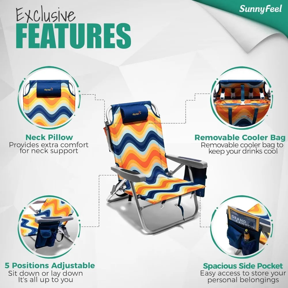Beach Chairs for Adults 2 Pack 5Position Lay Flat,Portable Folding Backpack Beach Chair