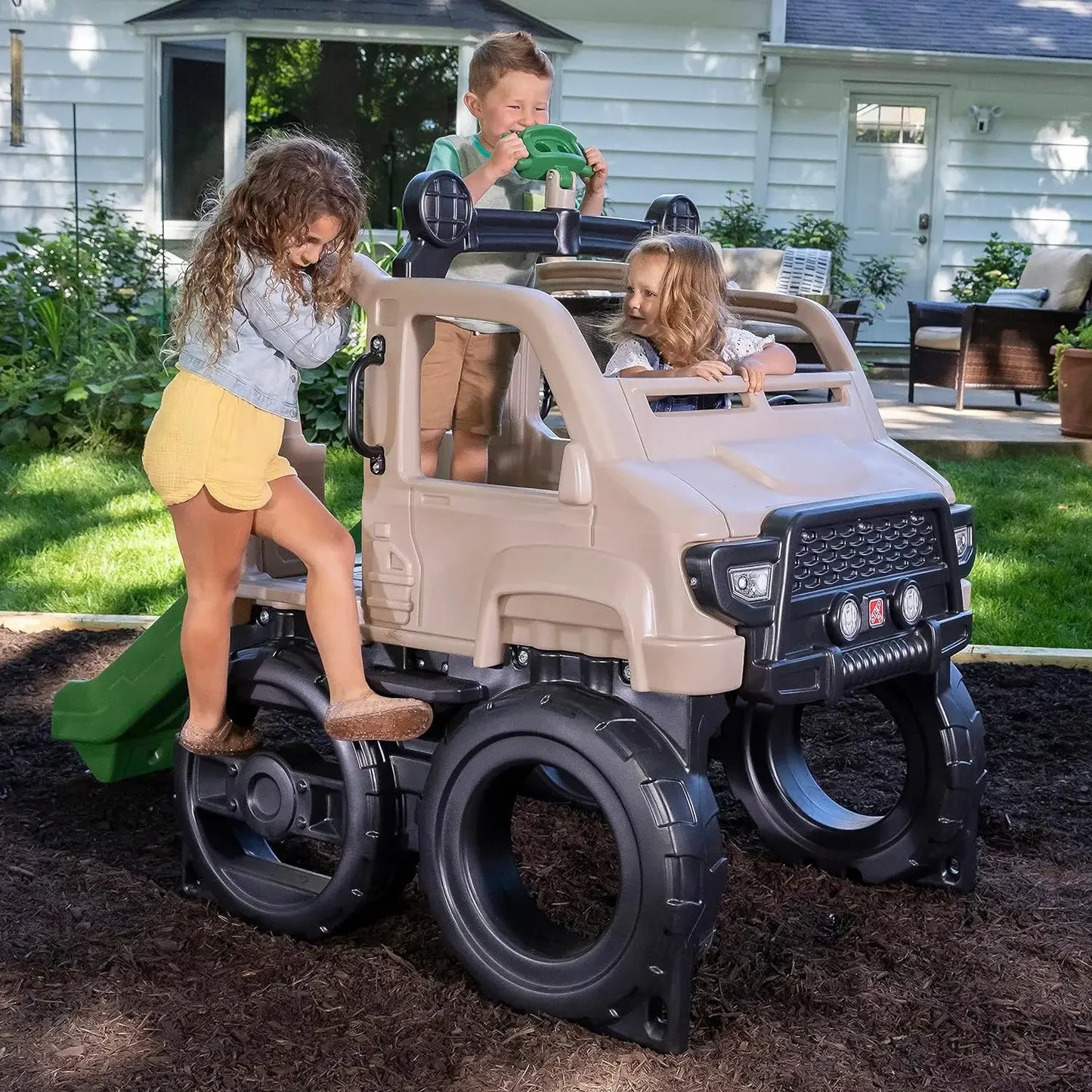 Safari Truck Climber Playset for Kids, Slide, Climbing Wall, Steering Wheel, and Binoculars,