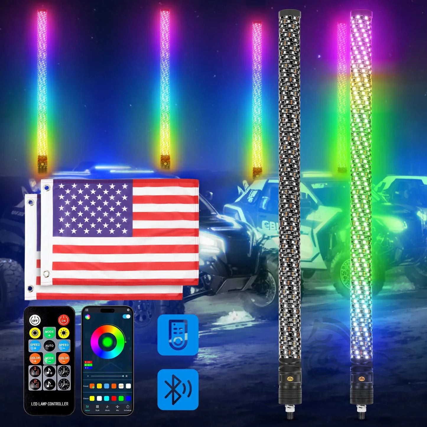 2PCS 3FT Fat LED Whip Lights Remote Control Flagpole Antenna
