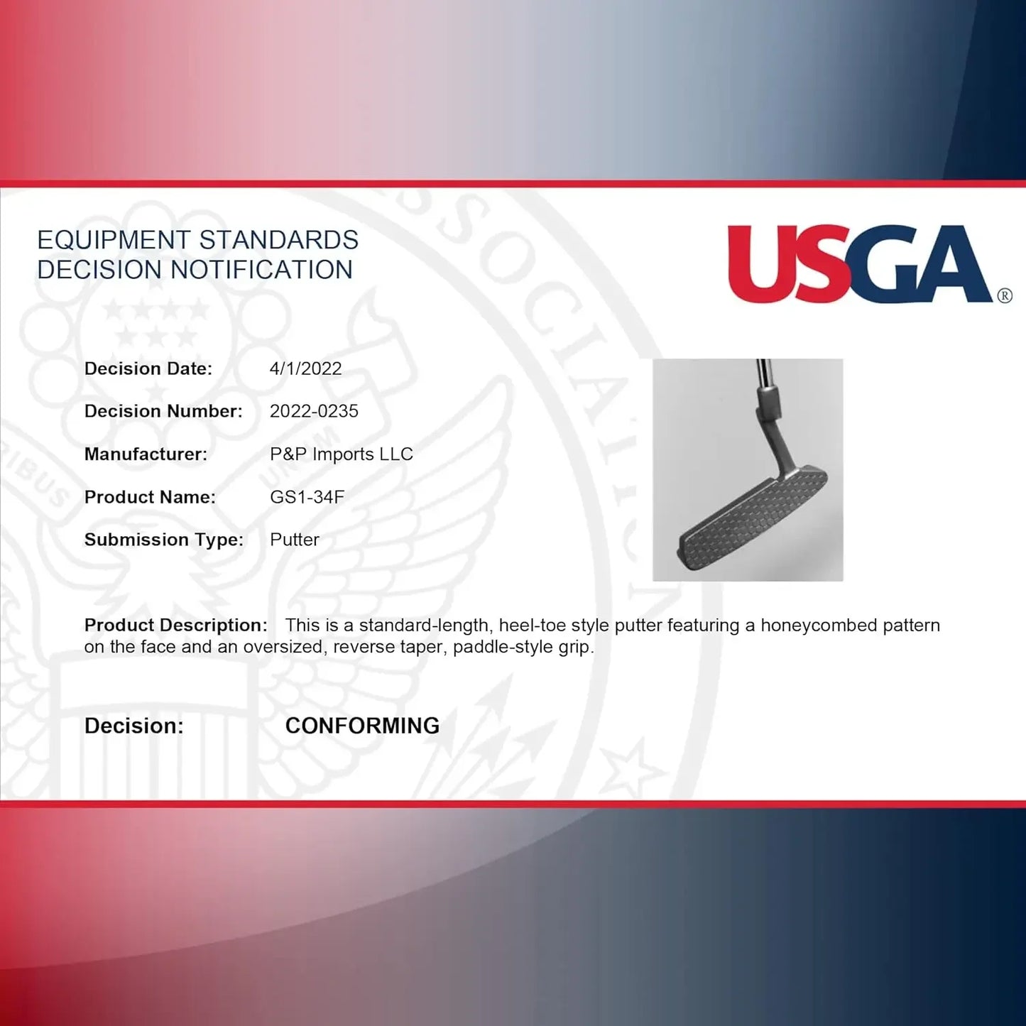 GS1 Tour Golf Putter – 34” Right-Handed Blade Putter