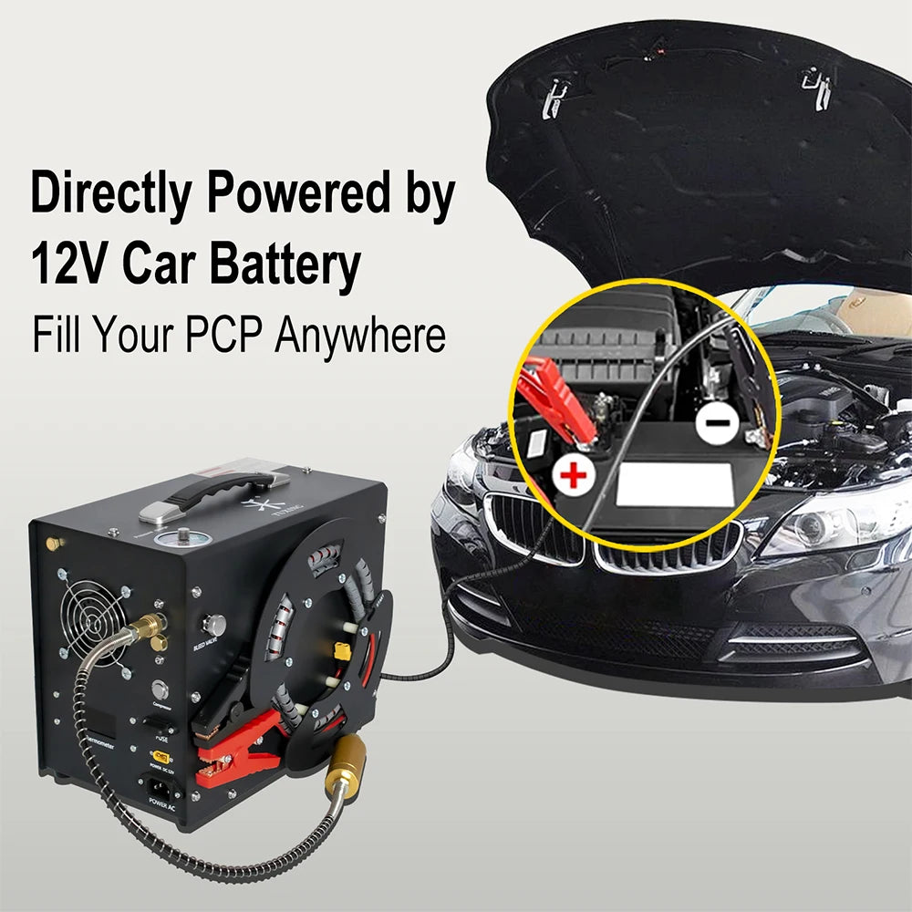 TUXING TXES062 4500Psi 300Bar Portable 12V PCP Air Compressor with Wire Spool Built