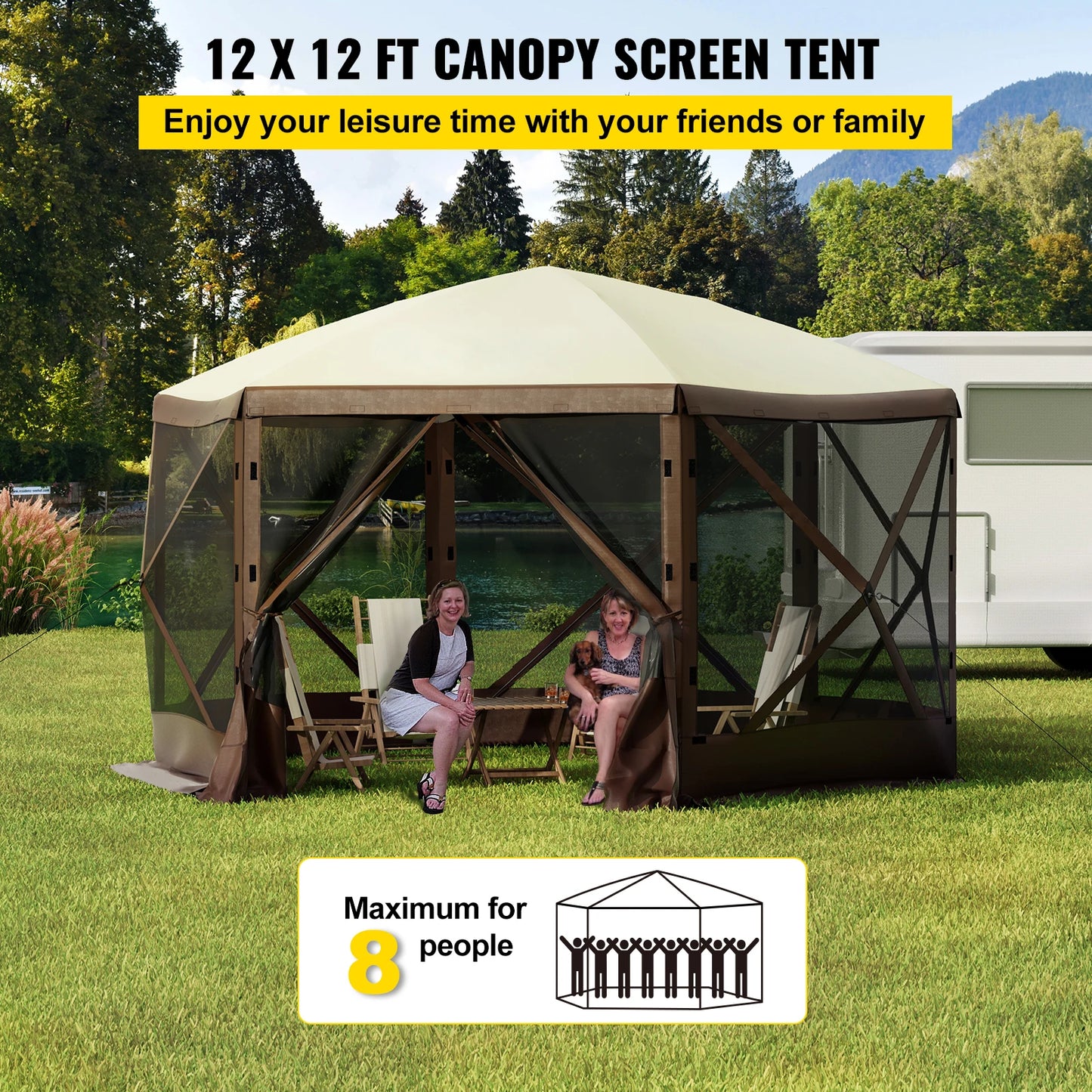 Pop-up Camping Gazebo Camping Canopy Shelter 6 Sided 12' x 12' / 10' x 10' Sun Shade