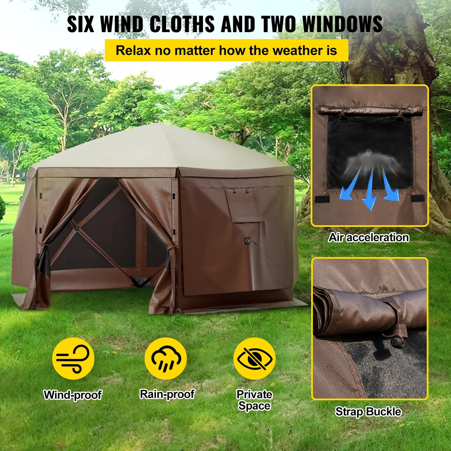 Pop-up Camping Gazebo Camping Canopy Shelter 6 Sided 12' x 12' / 10' x 10' Sun Shade