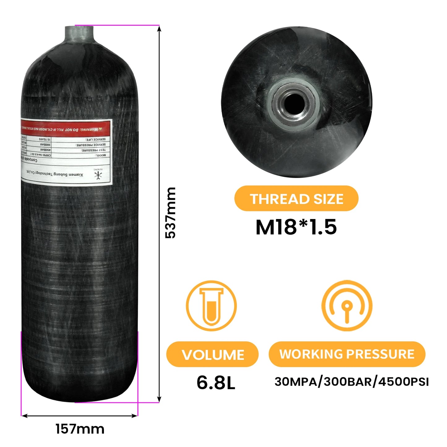 TUXING 4500Psi 300Bar 6.8L Carbon Fiber Cylinder High Pressure Air Tank