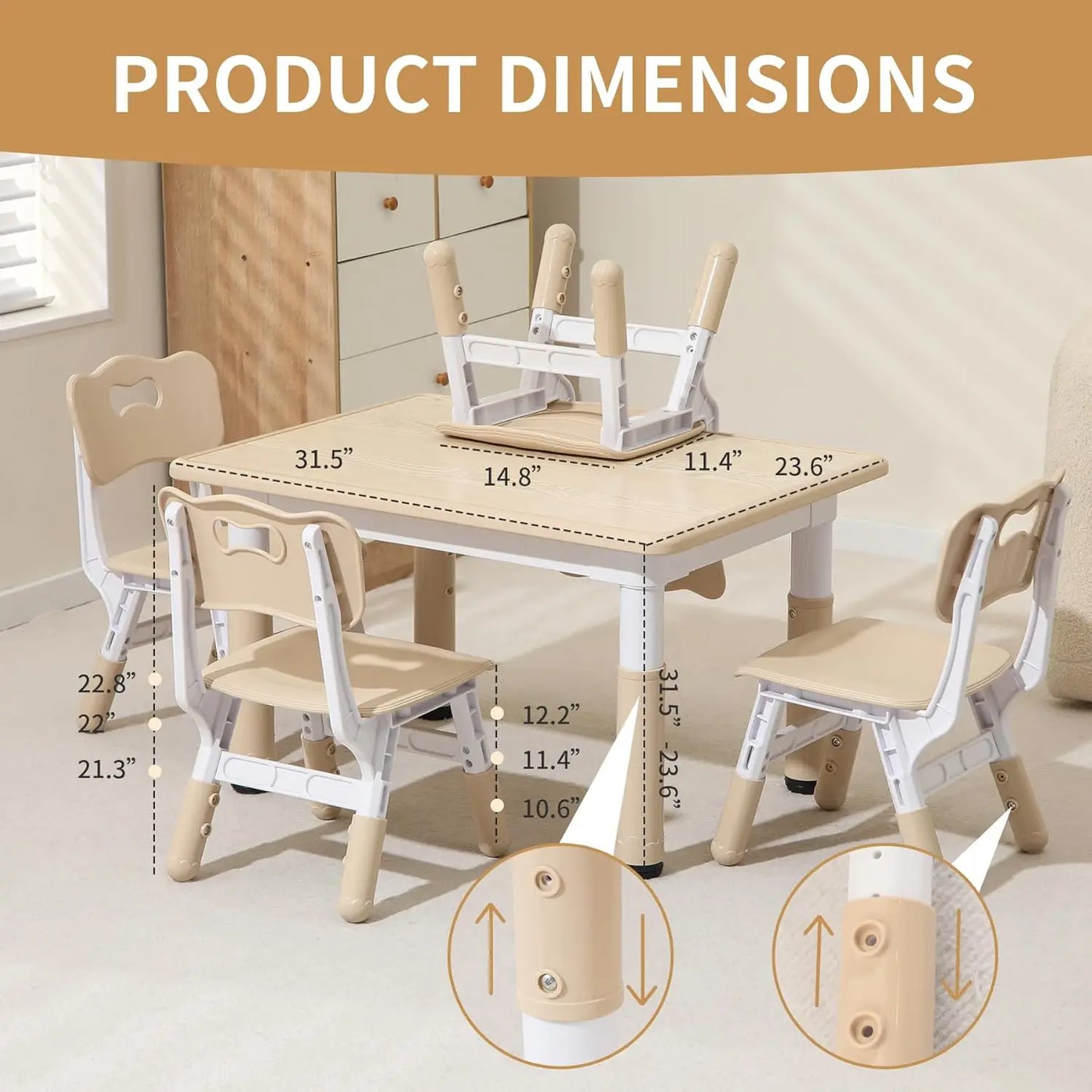 Kids Table and 4 Chairs Set with Graffiti Desktop, Height-Adjustable Kids Study Table for Boys and Girls Aged 3-8,Max 300lbs