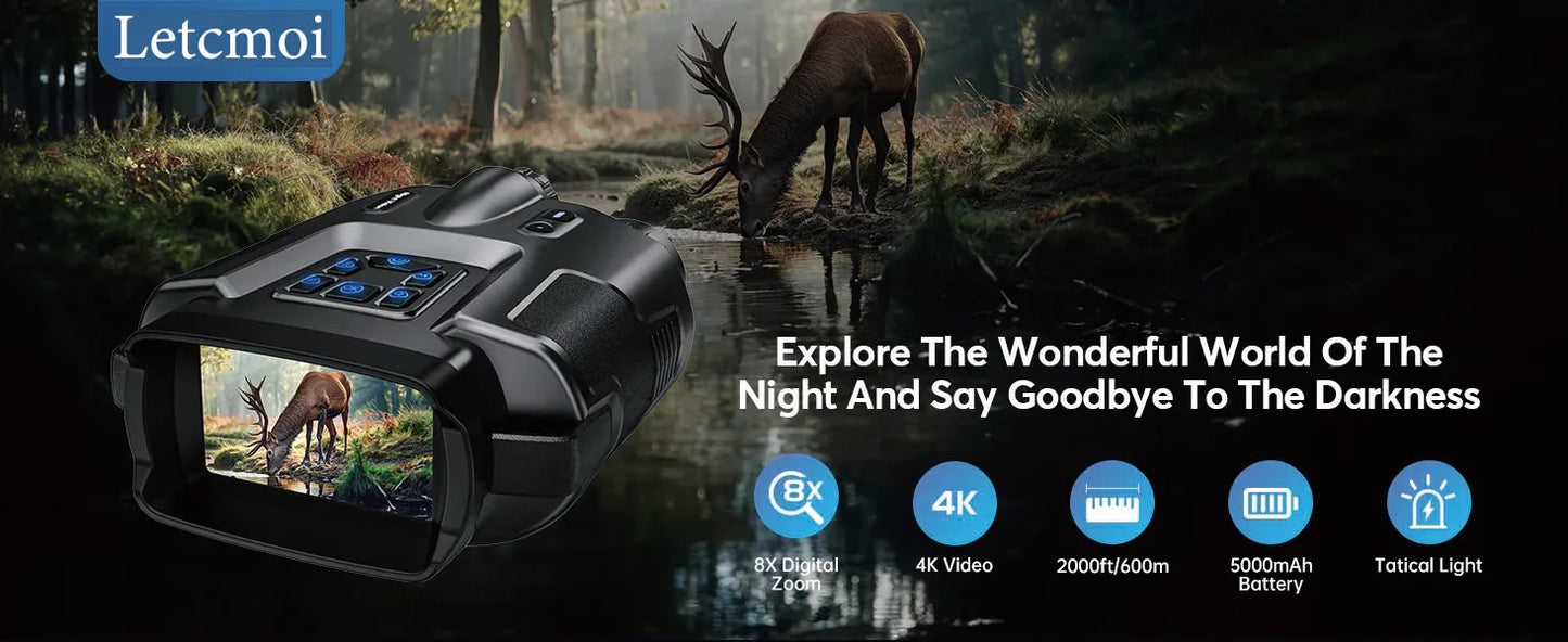 4K Night Vision Binoculars 3inch Screen 8X Digital Zoom With Tactical Light