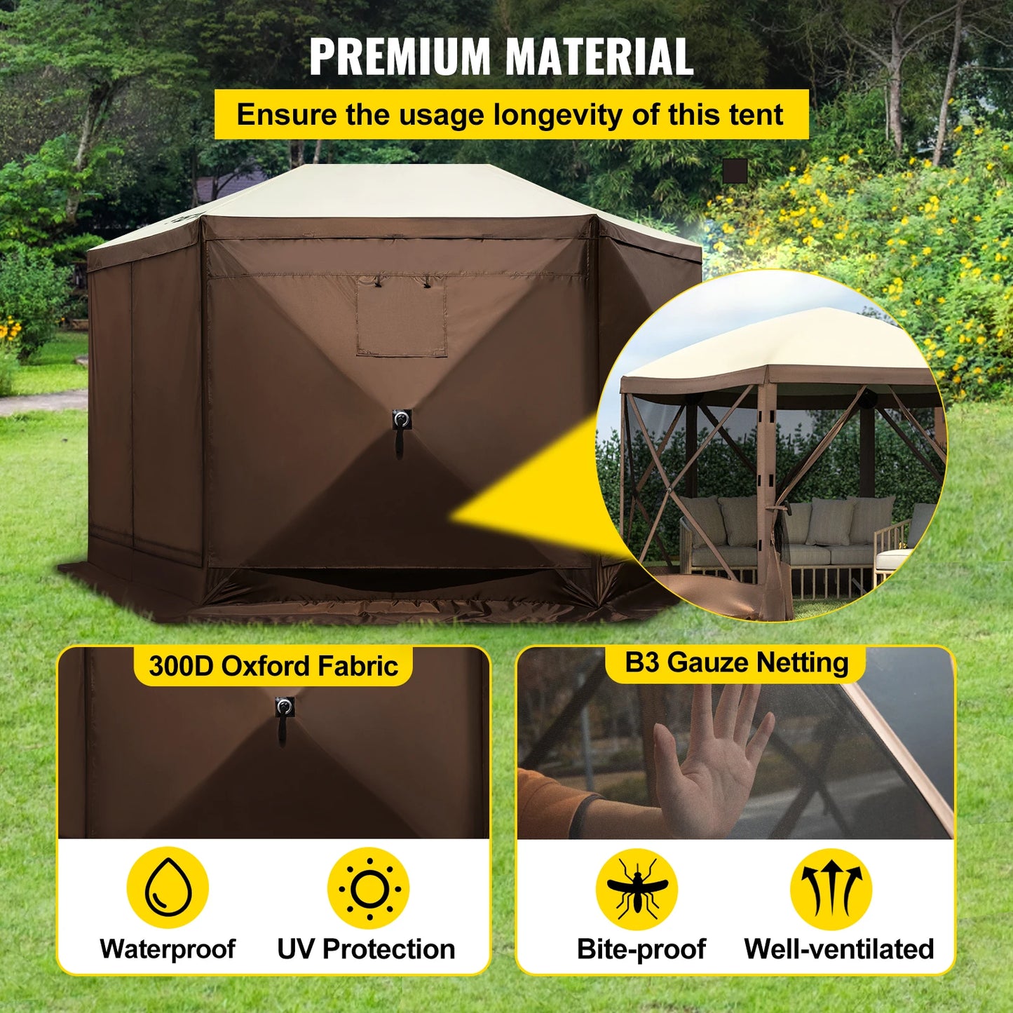 Pop-up Camping Gazebo Camping Canopy Shelter 6 Sided 12' x 12' / 10' x 10' Sun Shade