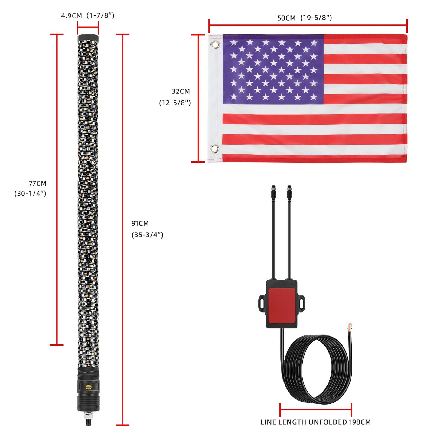 2PCS 3FT Fat LED Whip Lights Remote Control Flagpole Antenna