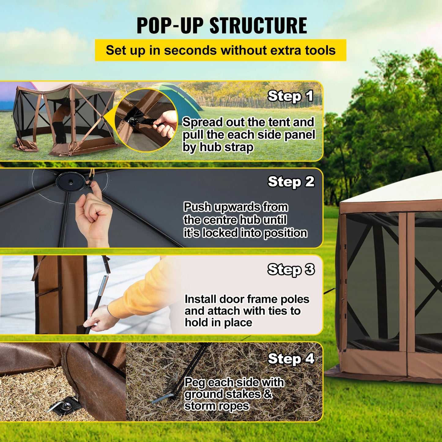 Pop-up Camping Gazebo Camping Canopy Shelter 6 Sided 12' x 12' / 10' x 10' Sun Shade