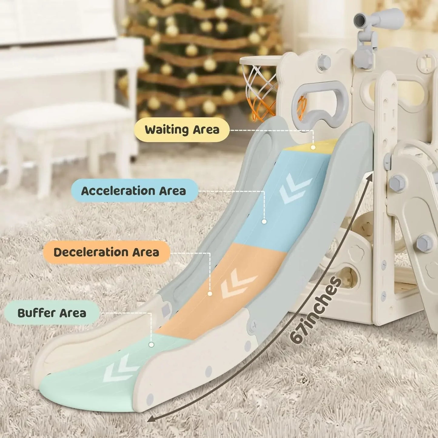 6 in 1 Kids Indoor Slide for Toddlers 1-3, Baby Slide Outdoor with Basketball Hoop and Telescope, L Sh