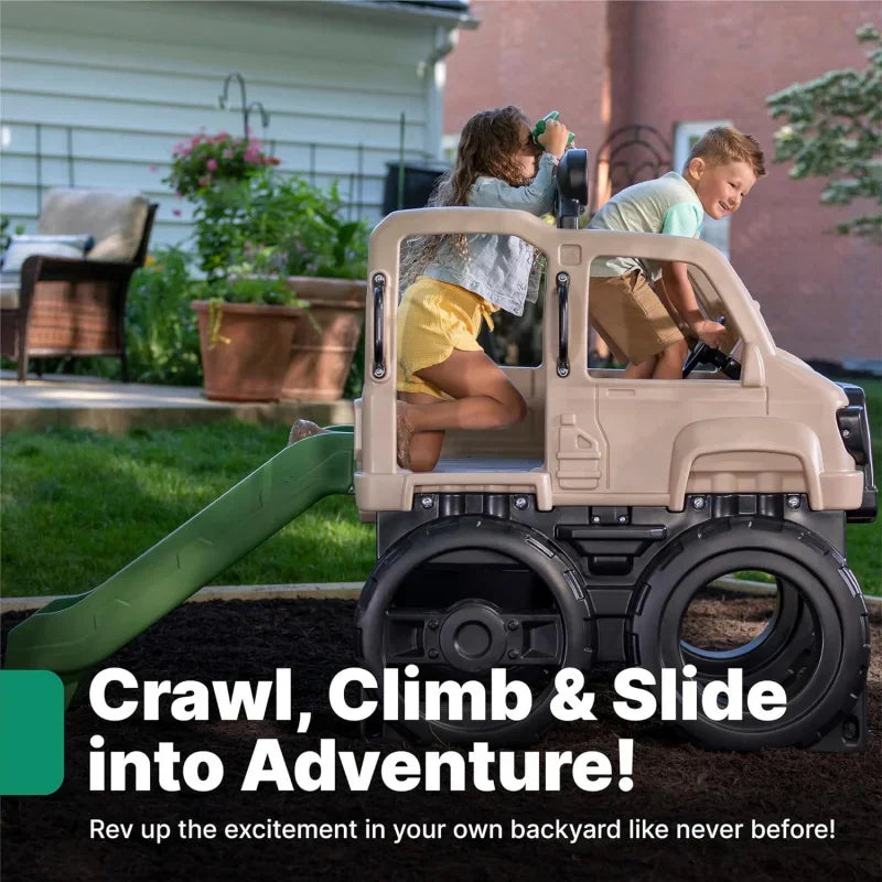 Safari Truck Climber Playset for Kids, Slide, Climbing Wall, Steering Wheel, and Binoculars,