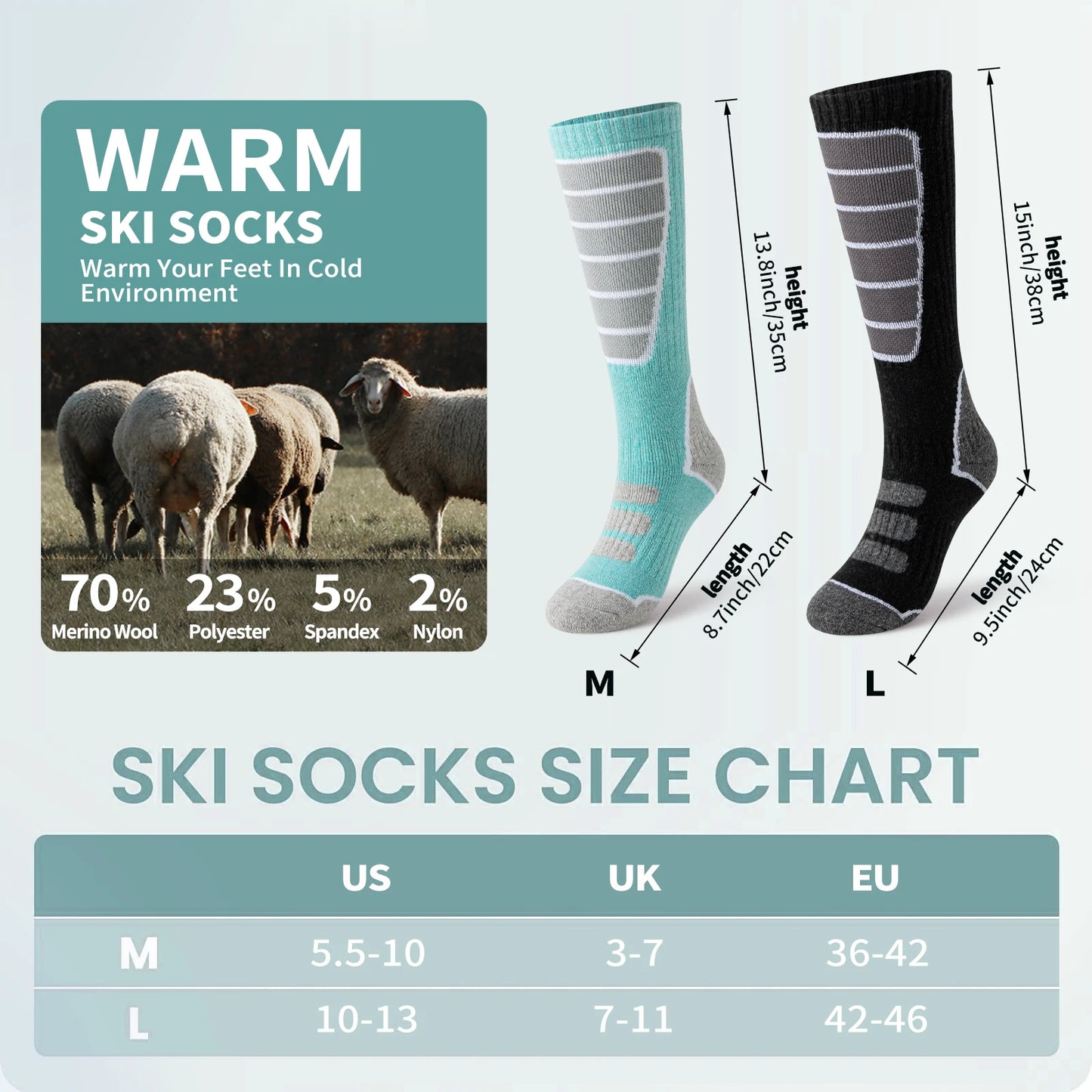 3 Pairs of Merino Wool Ski Socks for Women and Men, Warm Winter Knee High Socks,