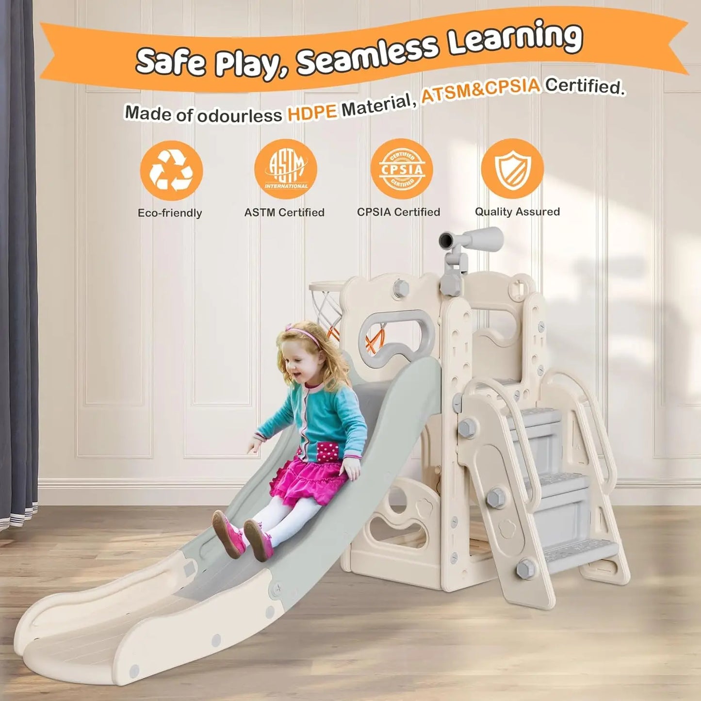 6 in 1 Kids Indoor Slide for Toddlers 1-3, Baby Slide Outdoor with Basketball Hoop and Telescope, L Sh