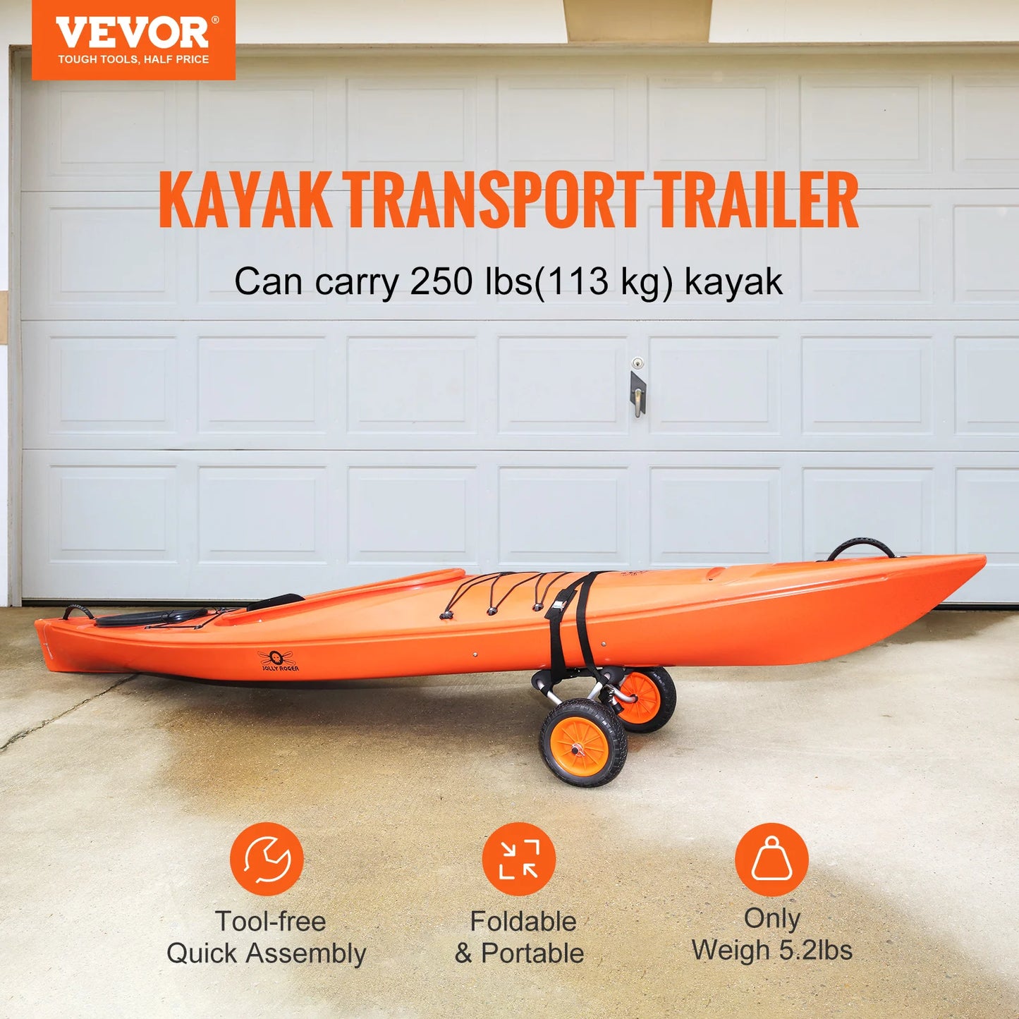 VEVOR Kayak Cart 250lbs Foldable Canoe Trolley Cart with 10'' Tires