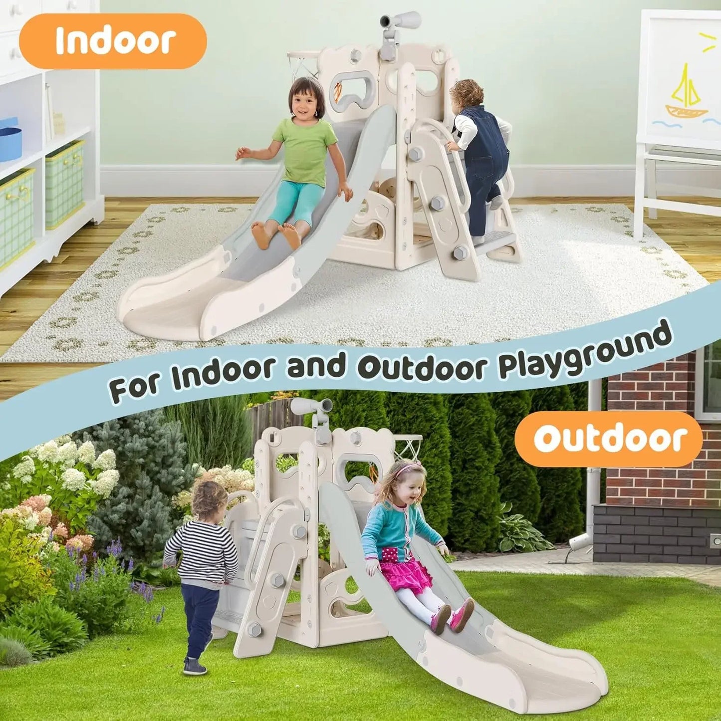 6 in 1 Kids Indoor Slide for Toddlers 1-3, Baby Slide Outdoor with Basketball Hoop and Telescope, L Sh