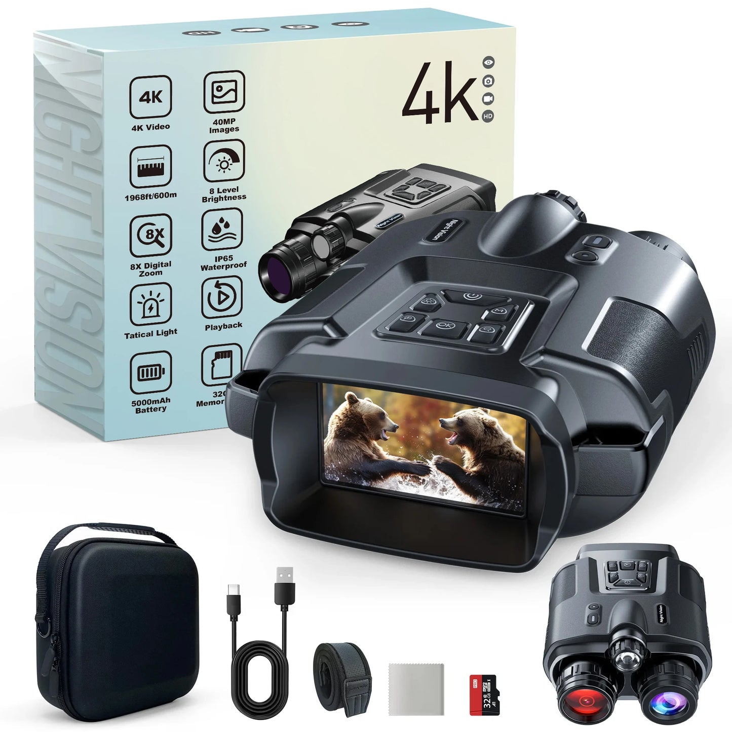 4K Night Vision Binoculars 3inch Screen 8X Digital Zoom With Tactical Light