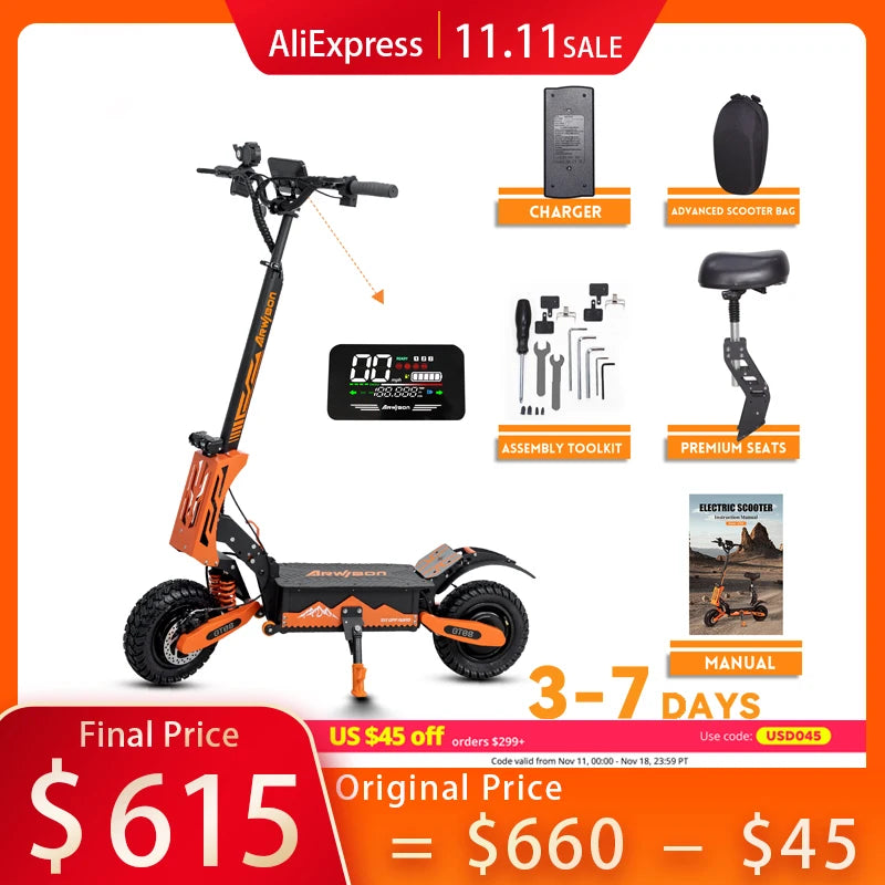 Arwibon 5600W Adult Electric Scooter Dual Motor Top Speed 50MPH,60V27AH, 11-inch Off-Road Tires Sport Folding eScooter with Seat