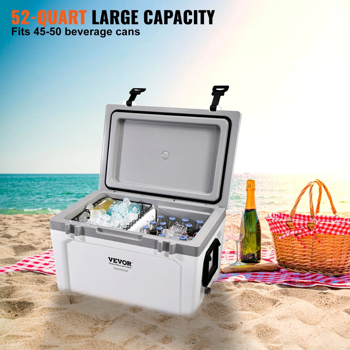 Insulated Portable Cooler, 52 qt, Holds 50 Cans, Ice Retention Hard Cooler