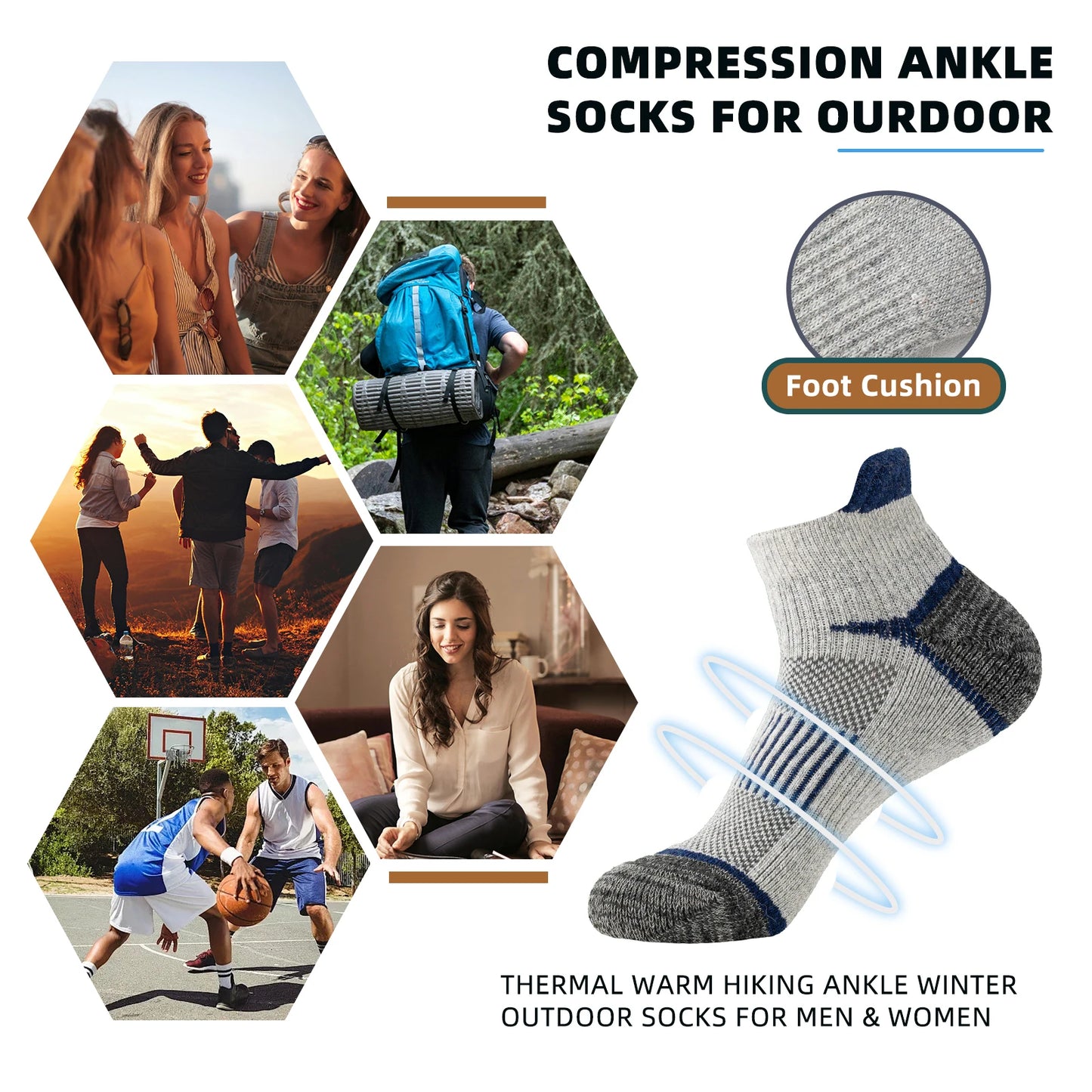 6 Pairs Men Women Merino Wool Ankle Hiking Running Socks