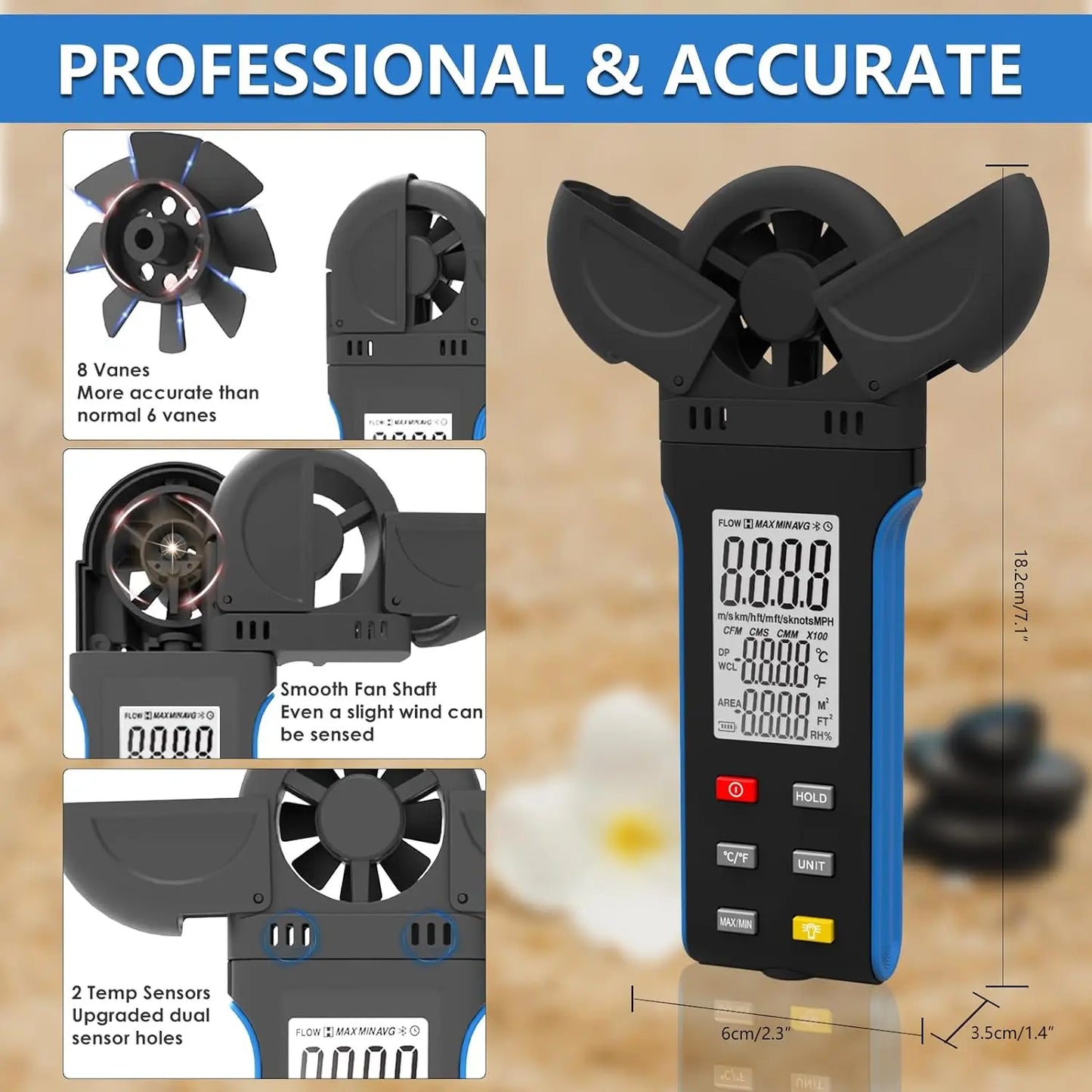HOLDPEAK Handheld Anemometer with 270º Rotatable Detector & Vane Cover,Digital Wind Speed Gauge Meter,CFM for HVAC Shooting Golf