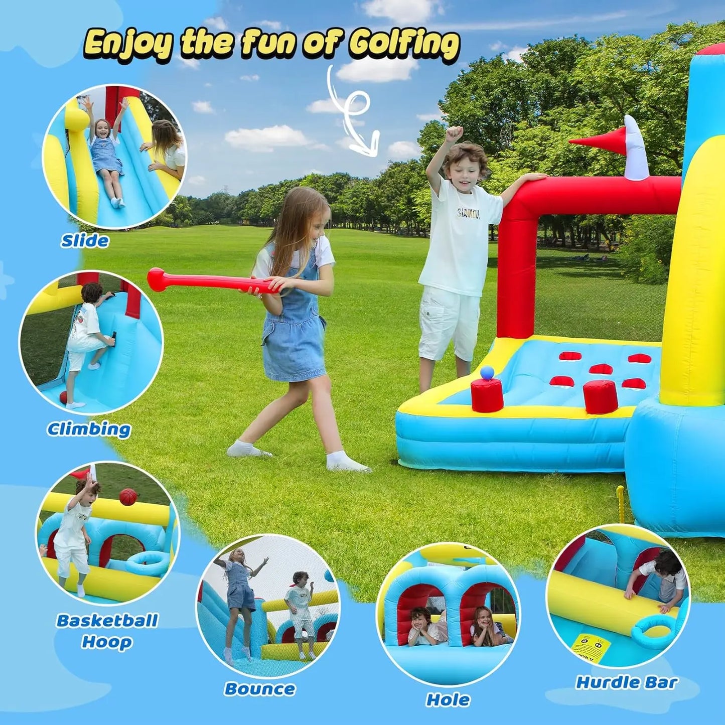 7 in 1 Big Inflatable Bounce House, 15x12’XL Golf Inflatable Bouncer