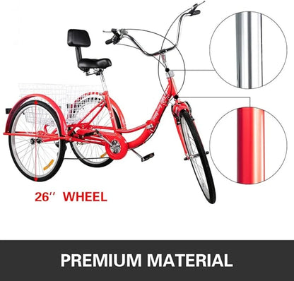 Tricycle Adult 26’’ 3 Wheel Bikes for Adults Three Wheel Bike