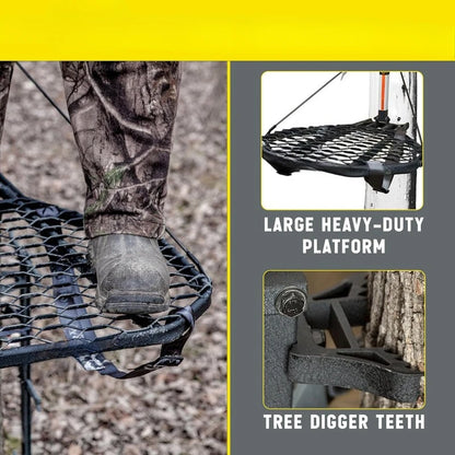 Durable Compact Steel Tree Stand with 21 by 27 Inch Platform Adjustable Seat