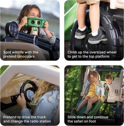 Safari Truck Climber Playset for Kids, Slide, Climbing Wall, Steering Wheel, and Binoculars,