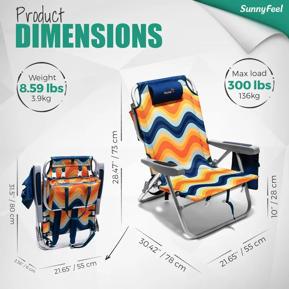 Beach Chairs for Adults 2 Pack 5Position Lay Flat,Portable Folding Backpack Beach Chair